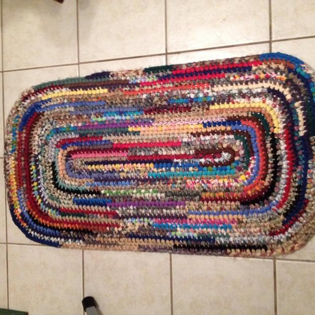 Crocheted Rug/Rag Rug. Shabby, Boho, Vintage Decor - Runner - 2' x 4' . Hand-made USA 100% reclaimed /recycled materials. Eco Friendly