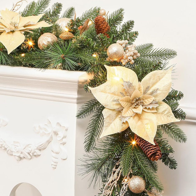 SHareconn 9FT Prelit Christmas Garland Decorations with Multi-Color LED Lights, Battery-Operated Timer, Lighted Garland with Ball Poinsettia for Mantle Table Fireplace Stairs Railing Indoor Decor