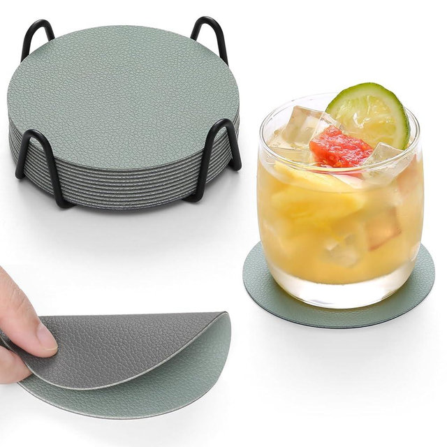Chitomars Faux Leather Coasters Set of 12, Dual Sided for Coffee Tabletop Protection, Non-Slip Washable Cup Coasters (Gray Sage Green)
