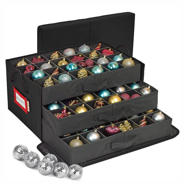 HOLDN’ STORAGE Christmas Ornament Storage Box with Dividers, Holds 72 Ornaments (3 Inch), Large Ball Storage Container with 3 Removable Trays, Durable and Portable - Black