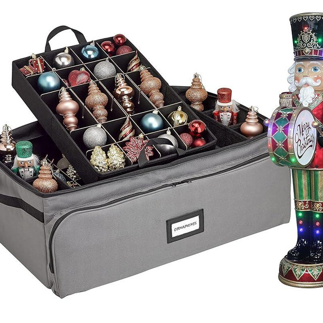 Premium Christmas Ornament Storage Box - Hold Up to 72-3 Inch Ornaments, 6 Side Slots for Figurines, Nutcrackers, etc. Holiday Decoration Organizer - Quality 600D Canvas for Durability - Grey
