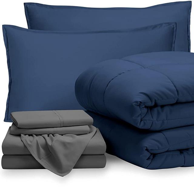 Bare Home Bedding Set 7 Piece Comforter & Sheet Set - King - Goose Down Alternative - Ultra-Soft 1800 Premium - Bed Set (King, Dark Blue/Grey)