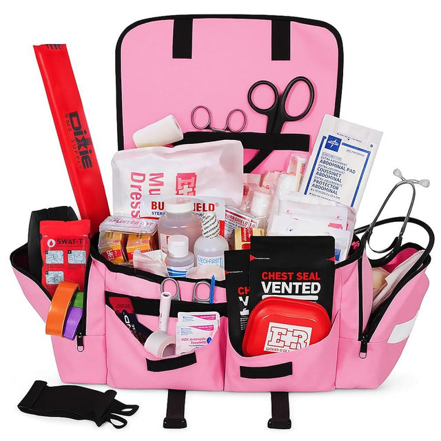 Fully Stocked EMT Trauma Bag – Tactical First Responder Medical Kit with Tourniquet, Vented Chest Seals, Hemostatic Gauze, Trauma Shears, Bandages & Bleeding Control Supplies – Pink