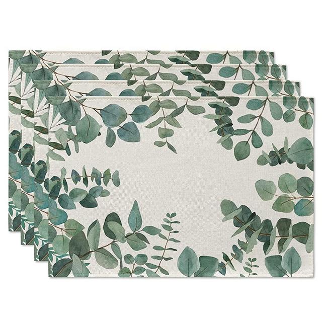 Artoid Mode Eucalyptus Leaves Summer Placemats for Dining Table, 12 x 18 Inch Spring Seasonal Holiday Rustic Vintage Washable Table Mats Set of 4