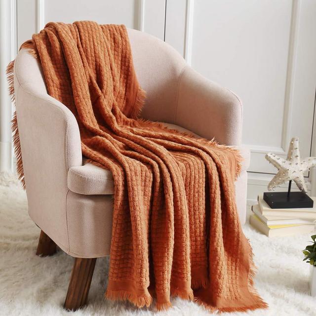 CREVENT Farmhouse Rust Knit Throw Blanket for Couch Sofa Chair Bed Home Decoration, Soft Warm Cozy Light Weight for Spring Summer Fall (50''X60'' Caramel / Brown / Burnt Orange)