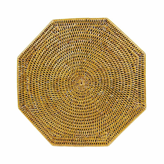 Caspari Rattan Octagonal Placemat in Honey – 1 Handwoven Doubleweave Placemat (15") – Warm Lacquer-Finished Rattan Table Mat for Casual & Formal Dining