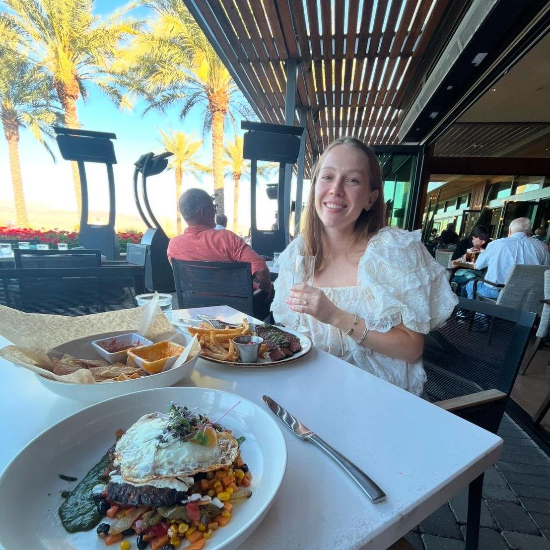 Talya feasting as a new fiancé (engagement dinner). Free champagne too!