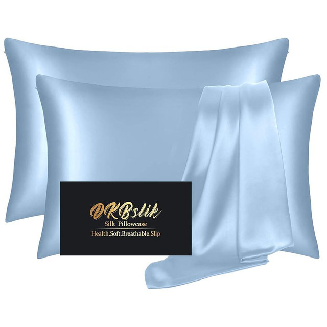 Silk Pillowcase 2 Pack, Mulberry Silk Pillow Cases Queen Size Set of 2, Anti Acne Silk Pillowcase for Hair and Skin, Natural Silk Satin Pillowcases Gifts for Women Men 2 Pack with Zipper, Haze Blue