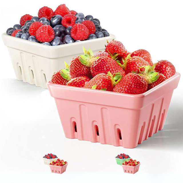 Ceramic Berry Basket Set of 2-5.7"W x 3"H Large Ceramic Berry Bowl Set - 1 Pink & 1 White Strawberry Basket - Ceramic Berry Colander - Ceramic Berry Bowls with Holes Ceramic - Ceramic Berry Baskets