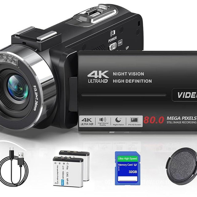 4K Camcorder Video Camera HD 80MP IR Night Vision Vlogging Camera for YouTube 18X Digital Zoom Camera Autofocus 3.0" 270°Rotation IPS Screen Video Recorder with 32GB SD Card, Lens Cap and 2 Batteries