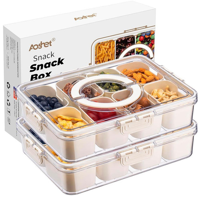 Snack Box Container, Dishwasher Safe Fruit Storage Containers, Divided Serving Tray with Lid for Veggie, Candy and Nuts, Snackle Charcuterie Boxes for Kids, Adults Travel, Party and Picnic (2 Pack)