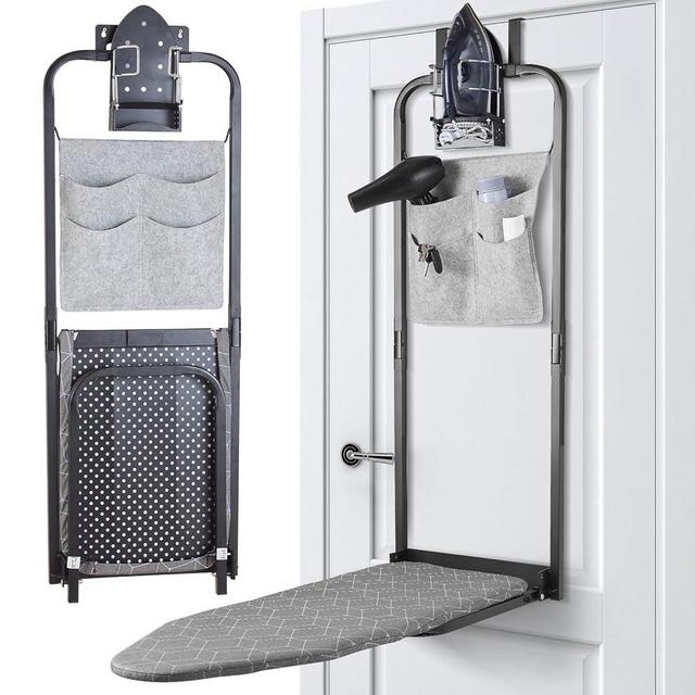 Over The Door Ironing Board 14x42 inches with Iron Holder and Pocket Storage Bag, Hanging Iron Board for Home Laundry Room, Black