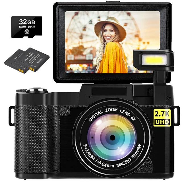 Digital Camera Vlogging Camera 2.7K 30MP Ultra HD Camera Compact Camera 4X Digital Zoom Retractable Flashlight YouTube Camera with 3.0 Inch Flip Screen with 32GB Micro SD Card and 2 Batteries