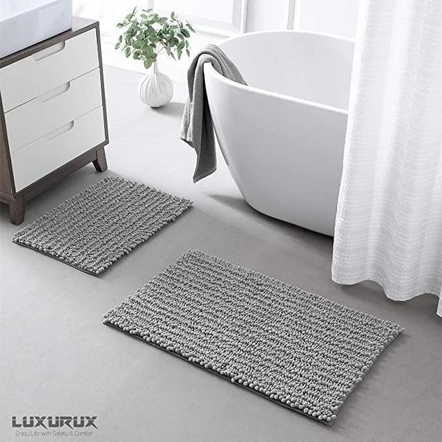 Zebrux Non Slip Thick Shaggy Chenille Bathroom Rugs, Bath Mats for Bathroom Extra Soft and Absorbent - Striped Bath Rugs Set for Indoor/Kitchen (20 x 30 + 15 x 23'', Light Grey)