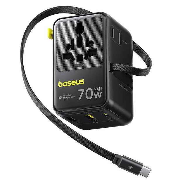 Baseus 70W Universal Travel Adapter with Retractable Cable, 6-in-1 International Plug Adapter, USB-C PD Fast Charging Worldwide Wall Charger for USA/EU/UK/AUS and Over 200 Countries - Enercore CG11