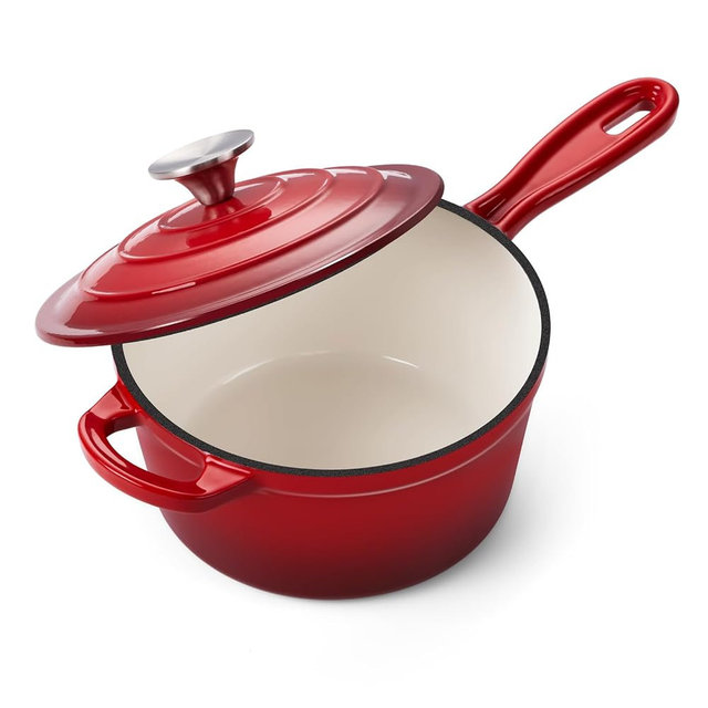 Onader 2QT Saucepan with Lid, Enameled Cast Iron Sauce Pan Pot, Small Dutch Oven Cooking Kitchen Pot, Nonstick & Heavy Duty – Red
