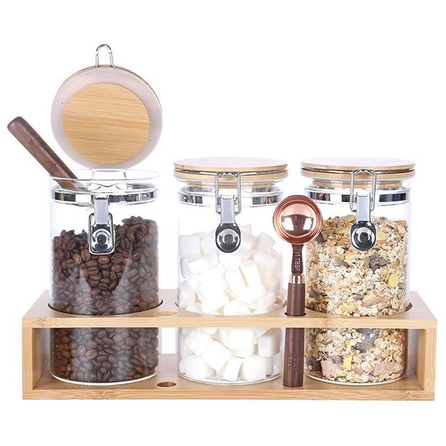 KKC Glass Airtight Coffee Bean Storage Containers for Counter,Ground Coffee Holder Jars,Airtight Glass Countertop Storage Jar Canisters with Spoon for Coffee,Loose Tea,40 FLoz,Pack of 3