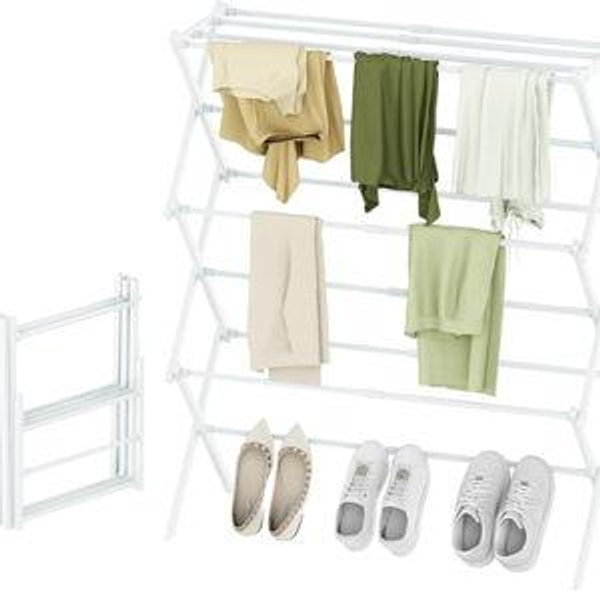 Foldable Drying Rack Clothing, 3-Tier Portable Clothes Drying Racks for Indoor & Outdoor, Anti-Rust Compact Laundry Rack Collapsible, White 28" D x 10" W x 35" H