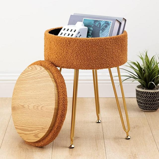 Round Vanity Stool Chair, Brown Vanity Chair Stool for Makeup Room, 18” High, Faux Teddy Fur , Stool for Vanity with Gold Legs, Makeup Storage Stool for Bedroom, Modern Vanity Stool with Storage