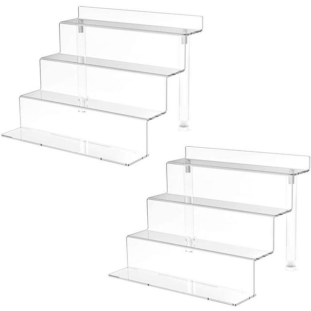 WINKINE Acrylic Display Shelf, 2 Pack Acrylic Display Makeup Stands 4 Tier Acrylic Riser Displays, Clear Display Shelf Organizer for Cabinet, Countertops, Tabletop Desktop