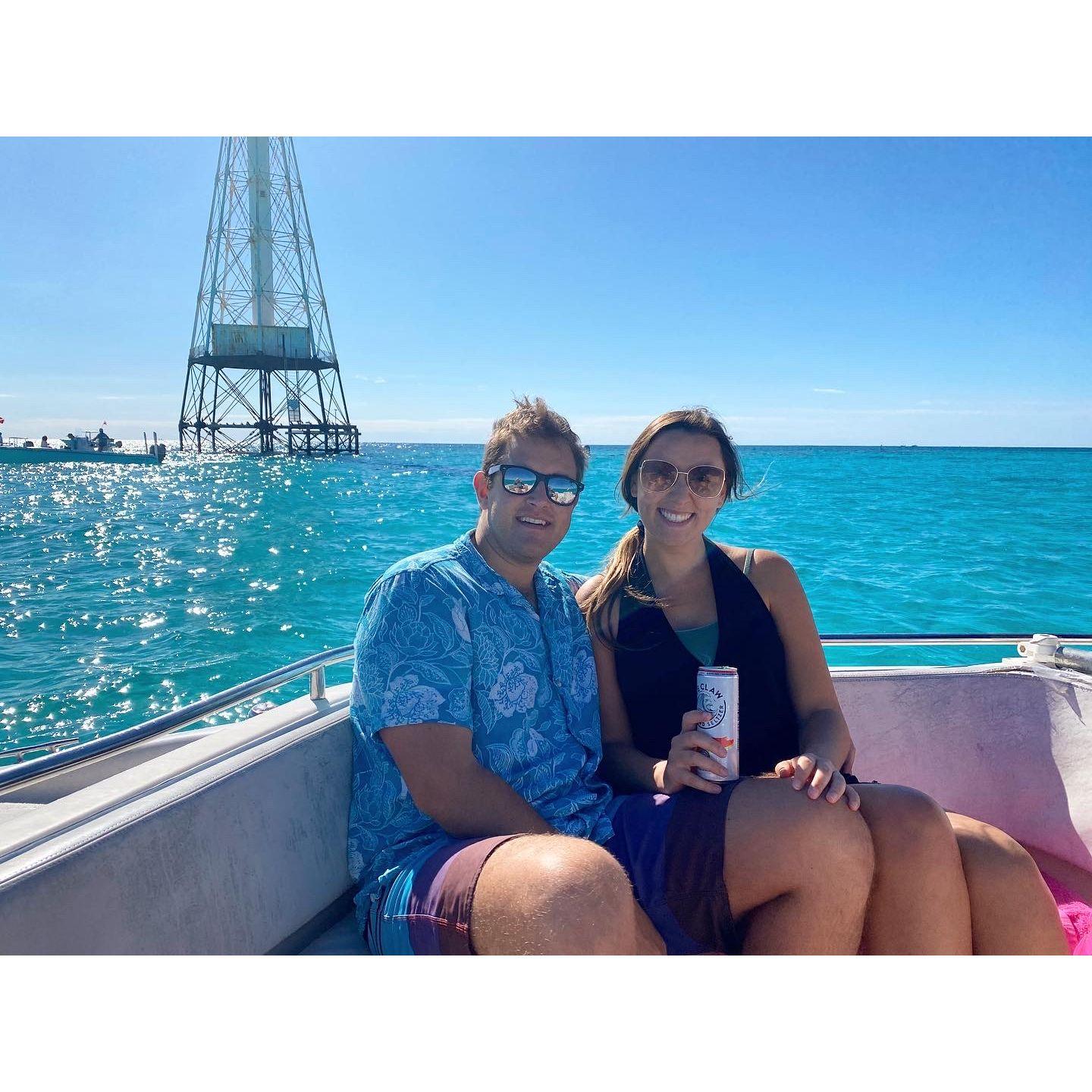 One of Fred and Jordan's favorite places to visit: Alligator Reef in Islamorada, FL! They enjoy snorkeling, floating and listening to their favorite Kenny Chesney songs.