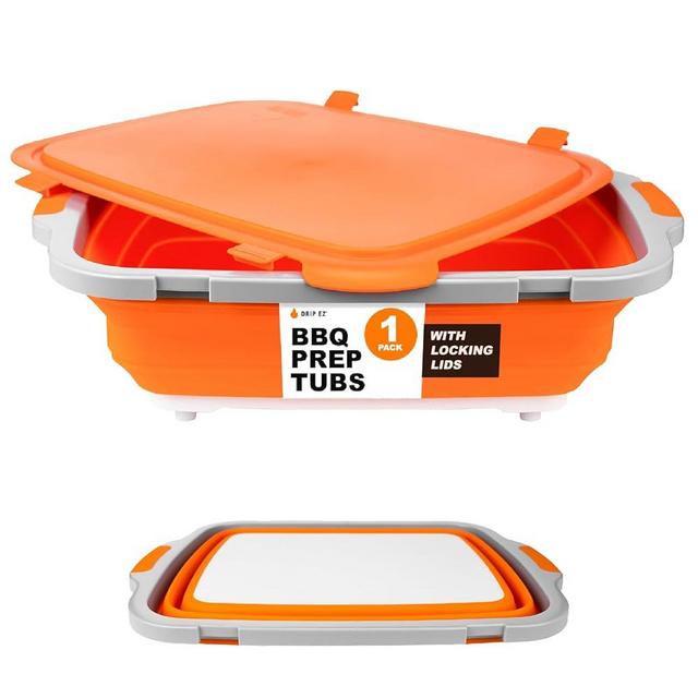Drip EZ Collapsible BBQ Prep Tub (V2) - For Meal Prep Marinating Food Storage - Includes Cutting Board & Locking Lid - (1) XL - Orange