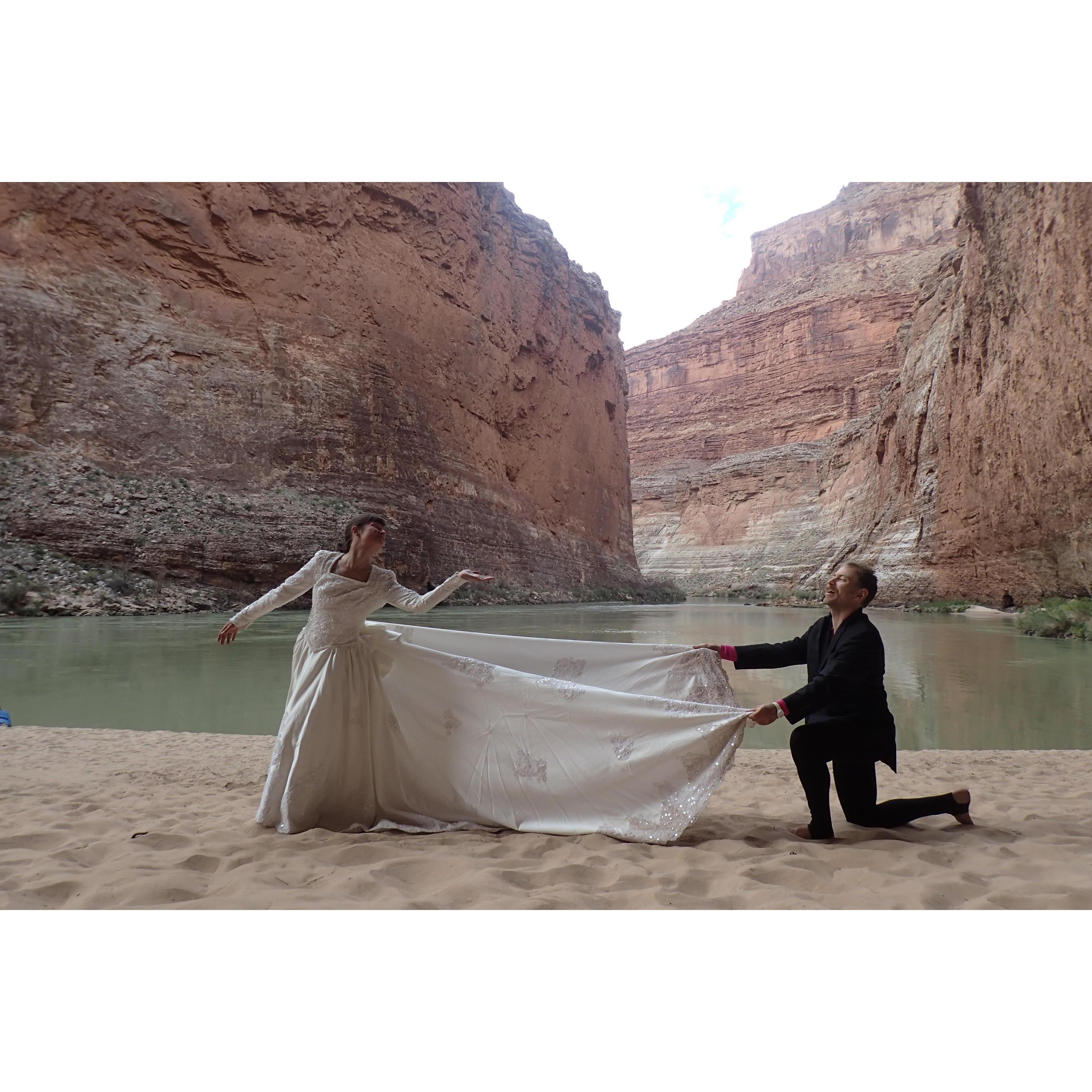 We staged a "river wedding" dress up party on our Grand Canyon 2019 trip!