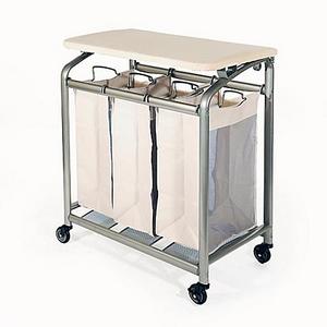 Seville Classics 3-Bag Laundry Sorter Hamper Cart with Folding Table in Natural