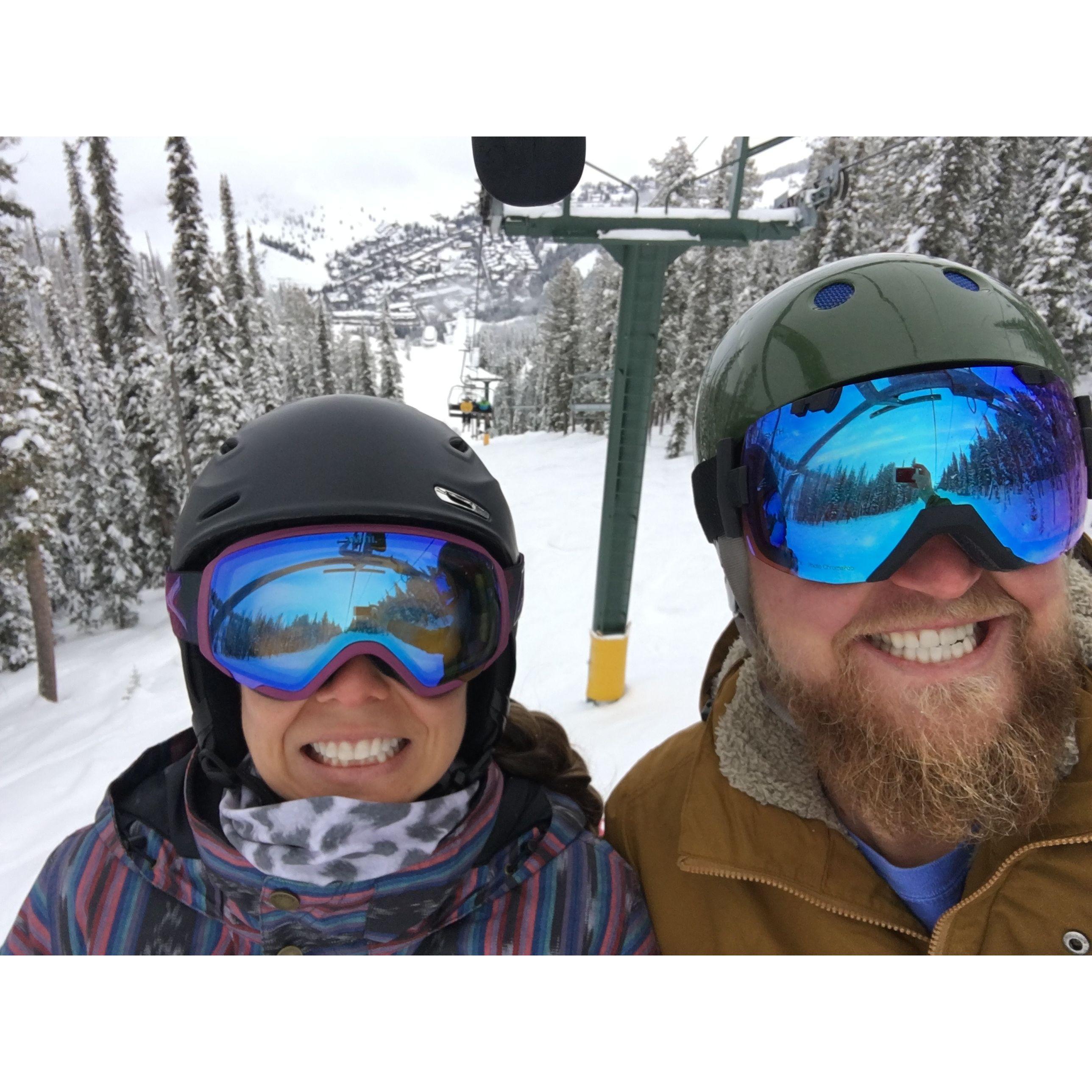Taking the lift to Averell's for cheese fondue in Sun Valley