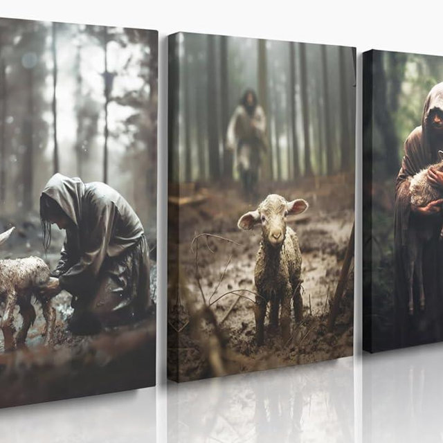 GUBIYU Jesus and Lamb Canvas Wall Art Set of 3 Jesus Running After Lost Lamb Picture Wall Art Jesus Canvas Print Christian Wall Decor Art Christian Home Decor Jesus Pictures Christian Gift 12"X16"