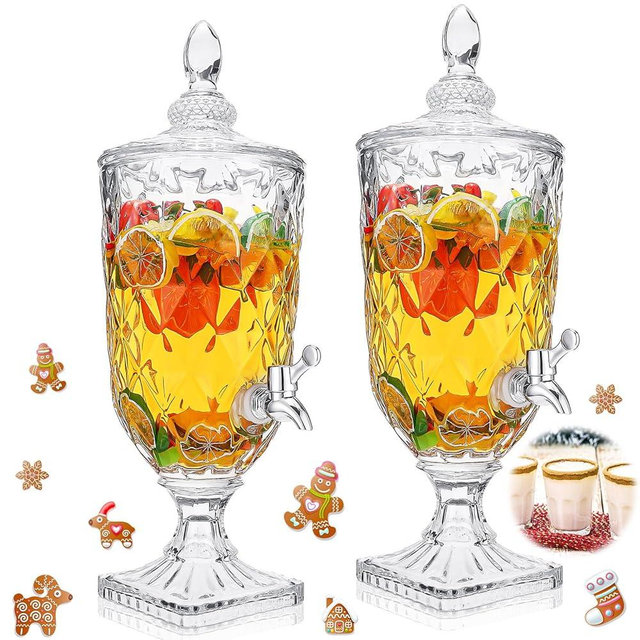 Nuogo 2 Pcs 0.8 Gallon Drink Dispensers for Parties Glass Beverage Dispenser with Stand and Spigot Vintage Iced Beverage Dispenser Crystal Drink Dispensers Glass Fountain for Birthday Party Home
