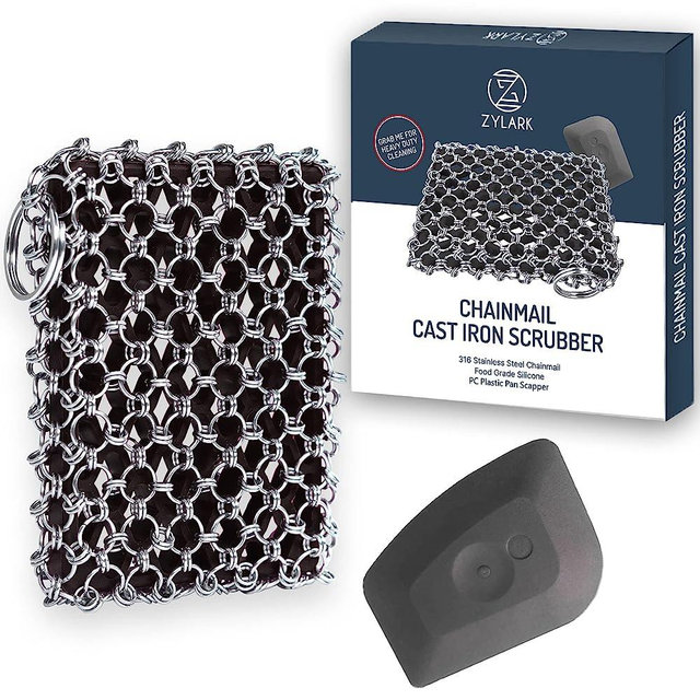 Zylark 316 Cast Iron Scrubber + Scraper Tool - Cast Iron Chainmail Scrubber with Silicone Insert - Cast Iron Skillet Scrubber - Chainmail Scrubber for Cast Iron Pans