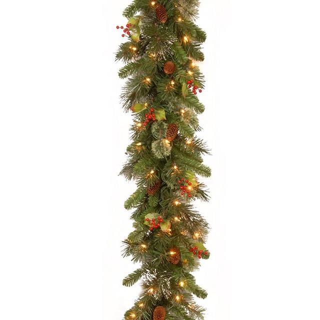 National Tree Company Pre-lit Artificial Christmas Garland Flocked with Mixed Decorations and White Lights Wintry Pine - 9 ft, 108X12X6