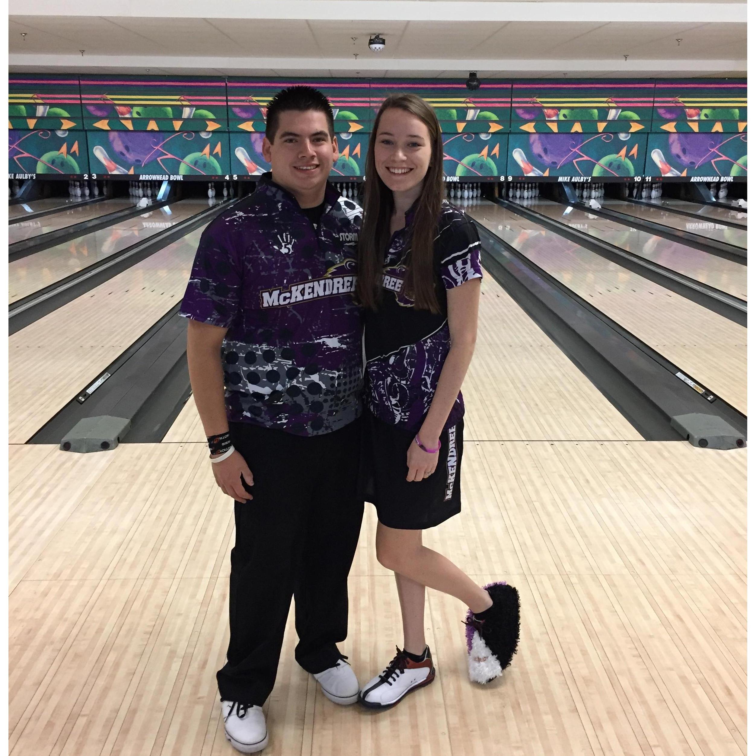 Doing what we both love to do...but the travel was the best 🎳