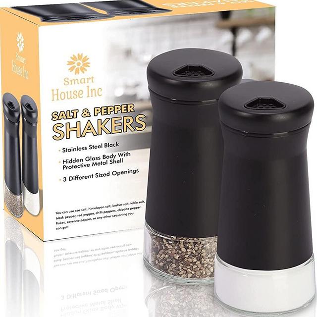 Salt and Pepper Shakers - Spice Dispenser with Adjustable Pour Holes - Stainless Steel & Glass - By Smart House Inc (2, Black)