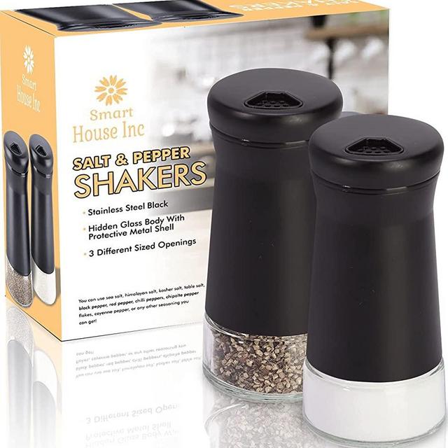 Salt and Pepper Shakers - Spice Dispenser with Adjustable Pour Holes - Stainless Steel & Glass - by Smart House Inc (2, Black)