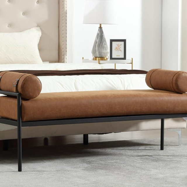Shunzhi Brown Leather Modern End of Bed Bench Upholstered Entryway Bench with Detachable Cylindrical Pillows/Metal Legs PU Ottoman Bench for Living Room/Bedroom/Hallway/Corner, 55Inch