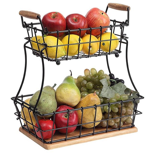 SunnyPoint 2-Tier Rectangle Countertop Fruit, Bread Wire Basket (Black, Metal + Wood base)
