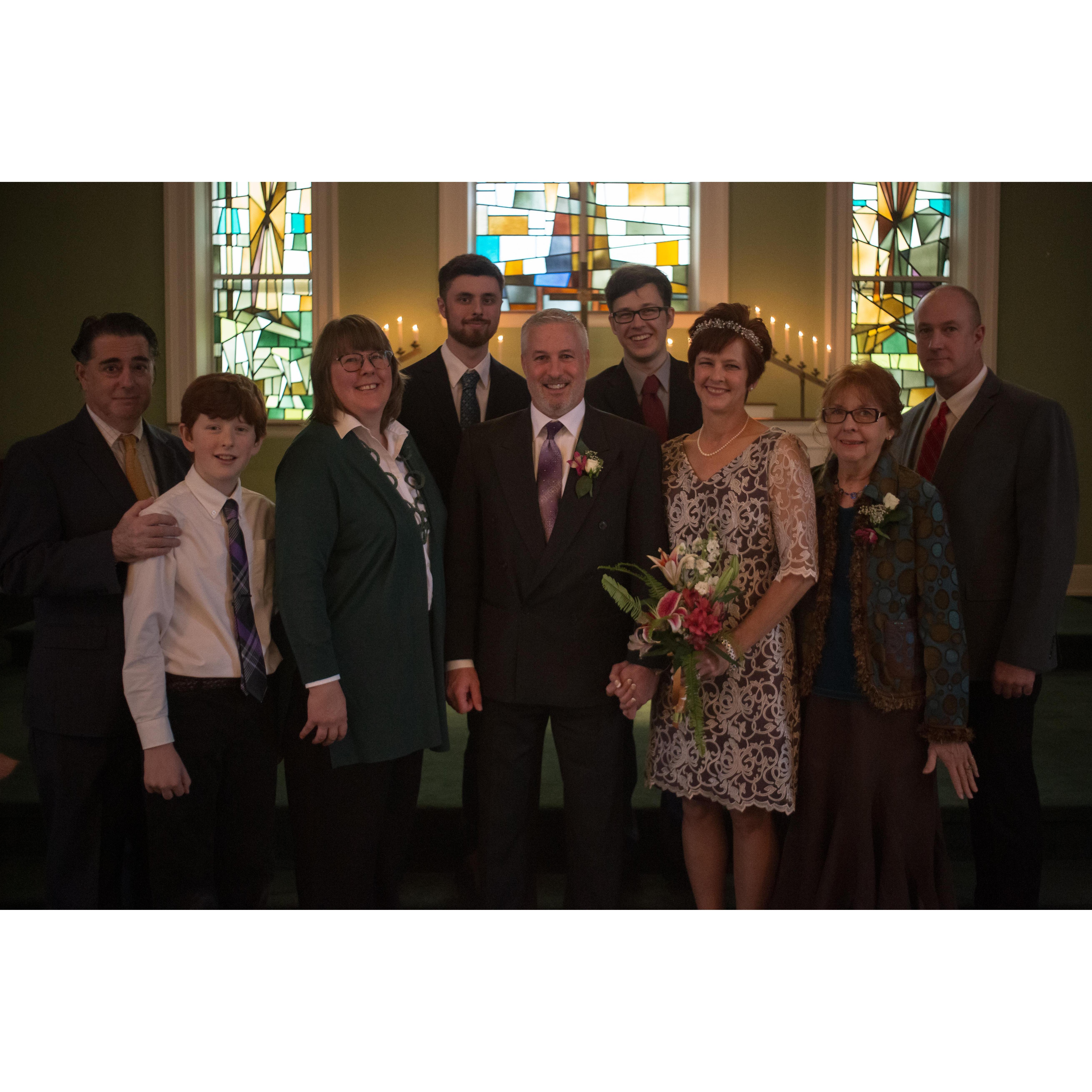 Us with my side of the family. Jayson (brother in law), Henry (nephew and ringbearer), Sarah (my sister), Charlie (Sarah and Jayson's oldest), Clark in the back, Mom to my left and Kurt (my brother).