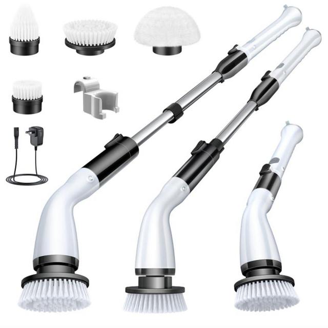 LABIGO Electric Spin Scrubber LA1 Pro, Cordless Spin Scrubber with 4 Replaceable Brush Heads and Adjustable Size Extension Handle Power Full Cleaning Brush for Bathroom Floor (Deep Black)