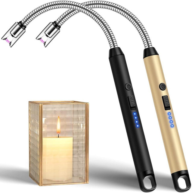 Upgraded 2 Pack Electric Candle Lighter with 360° Flexible Neck & Safety Lock, Windproof USB Rechargeable Flameless Arc Long Lighters for Grill, BBQ, Camping, Fireplace, Stove (Black & Gold)