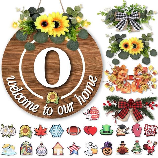 Interchangeable Welcome Home Sign With Initial Letters, 4 Seasonal Wreaths for Front Door, 21 Changeable Icons for Christmas Decor