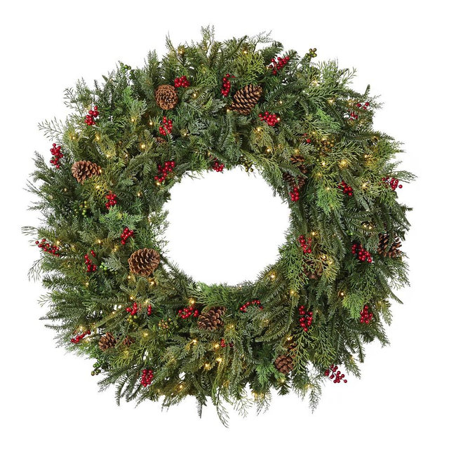 Balsam Hill Outdoor Winter Evergreen Wreath, 30", LED Clear