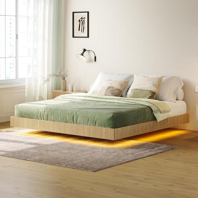 Tatub Natural King Floating Bed Frame with LED Lights, Modern Fluted Oak Platform Bed Frame Floating, Heavy Duty Metal Slats, No Box Spring Required