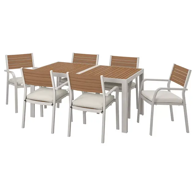 SJÄLLAND Table+6 armchairs, outdoor, light brown/Frösön/Duvholmen beige61 1/4x35 1/4 "