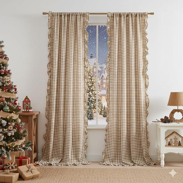 ZJDECOR Brown White Buffalo Plaid Curtains 84 Inches Long,Cottage Ruffle Not-See-Through Sheer Crinkle Drapes,Farmhouse Window Treatment for Nursery Bedroom Living Room,Rod Pocket,40"Wx84"L(Pack of 2）