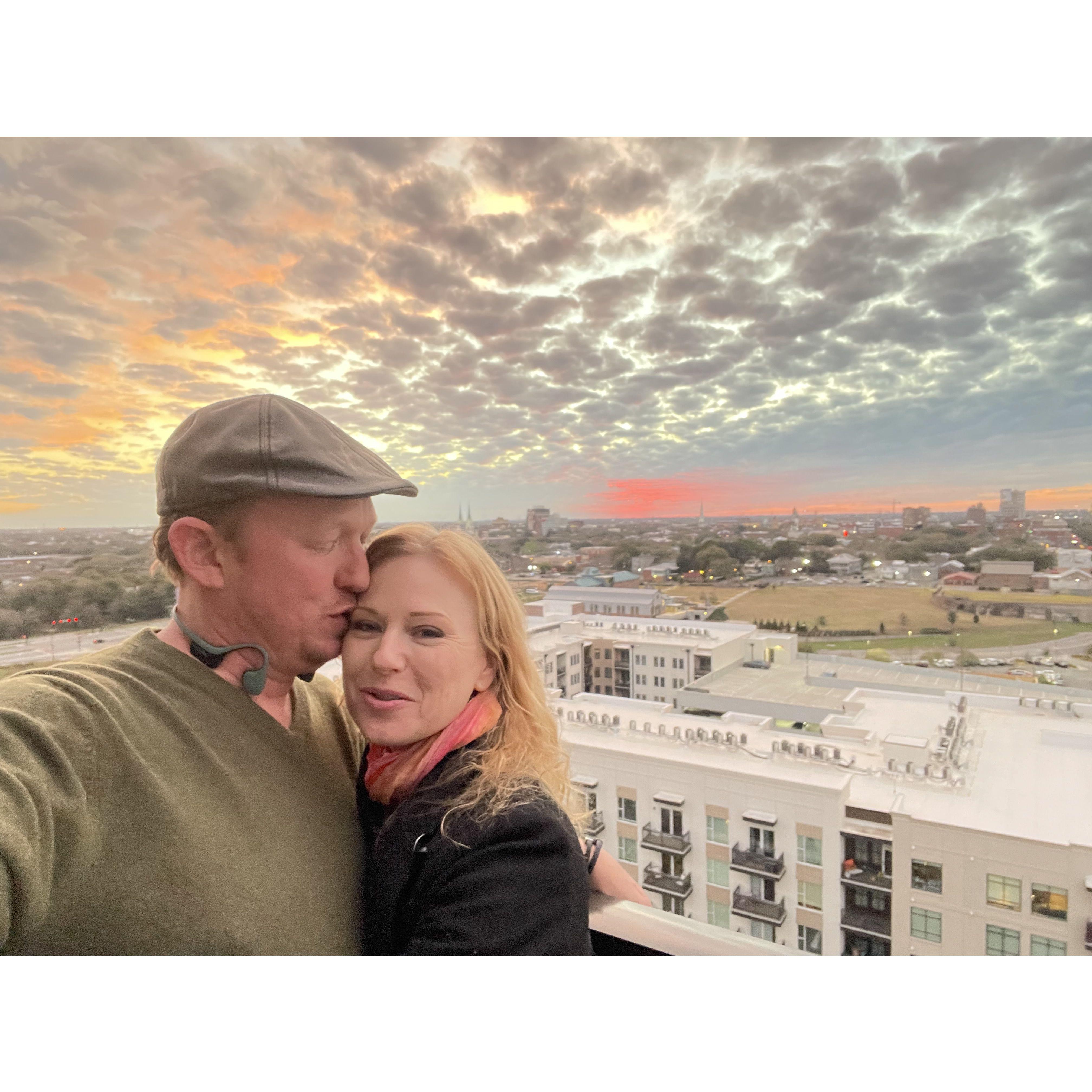 Enjoying the sunset from a rooftop in Savannah.  Patrick is always surprising me.  This was a cold but beautiful evening.