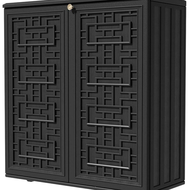 KINYING Outdoor Storage Cabinet Waterproof, Resin 62 Gallon Deck Box for Patio Furniture Cushions, Garden Tools, Pool Tools and Kids’ Toys (Black with 1 Shelving)