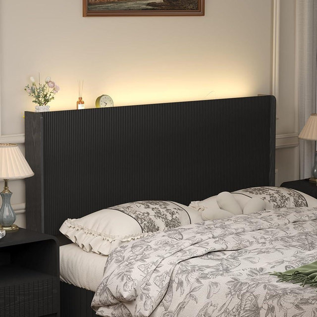 KOZIDO Queen Size Headboard Only, Wood Head Board with Charging Station & LED Lights, Modern Fluted Wall-Mounted Bed Headboards for Bedroom, Height Adjustable, Black