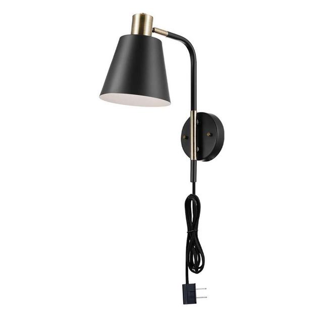 Novogratz x Globe Cleo 1-Light Plug-In or Hardwire Wall Sconce, Matte Black, Antique Brass Accents, Black Cloth Cord 51374